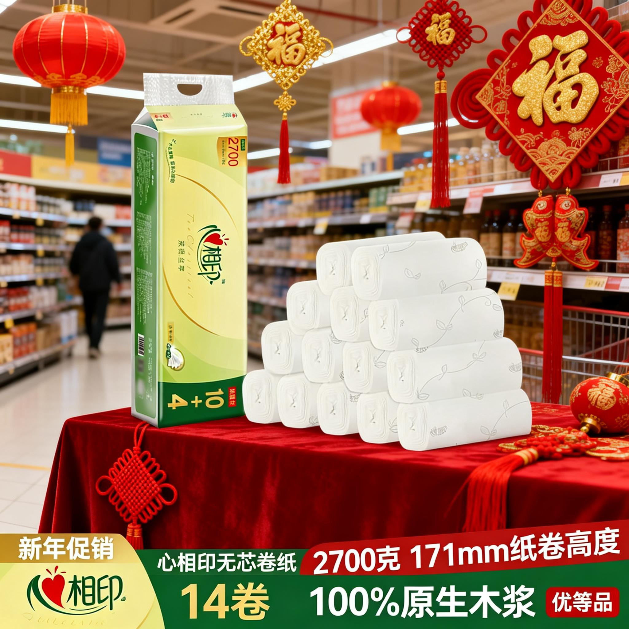 心相印茶语丝享2700无芯卷纸171mm四层原生木浆速溶卫生纸厕用