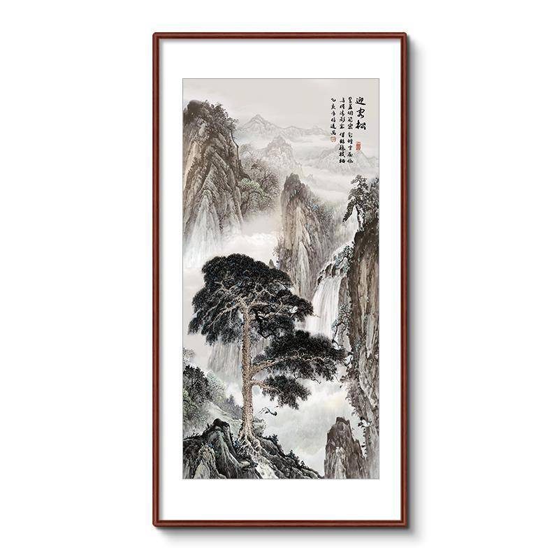 新中式入户玄关装饰画迎客松客厅挂画国画走廊过道竖版山水画壁画