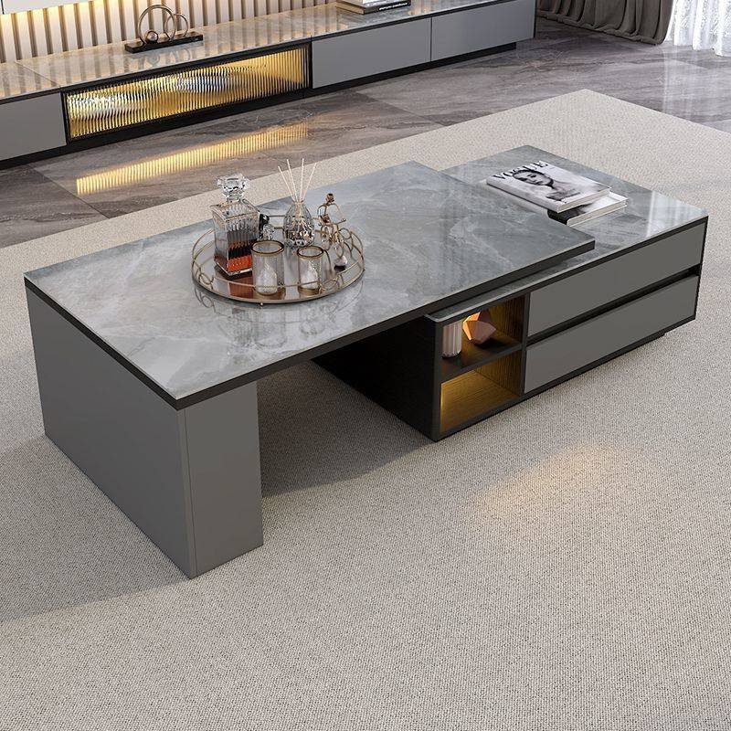 岩板茶几简约现代轻奢伸缩亮光岩板茶几桌客厅家用落地电视柜组合