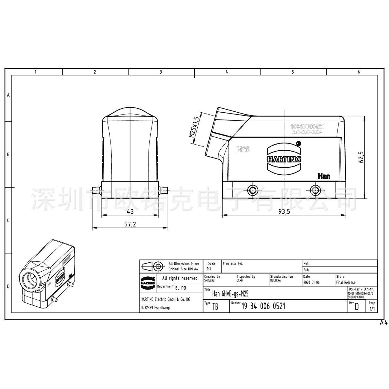 HARTNG浩19340060521H/anI亭BUDY用于工业连接器的标准上売底座