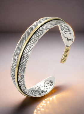 唐草纹羽毛手镯男潮泰银个性百搭复古手环银饰品开口手饰