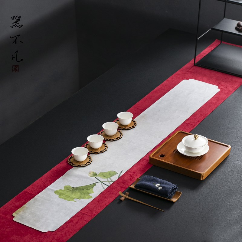 现货速发防水茶席禅意桌旗麂皮印染中式棉麻布艺长条茶桌布干泡茶