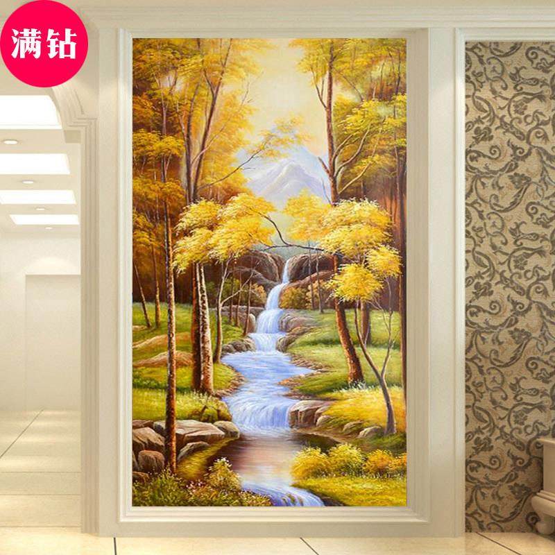 新款欧式流水生财钻石画风景2024玄关客厅贴钻十字绣现代简约满钻