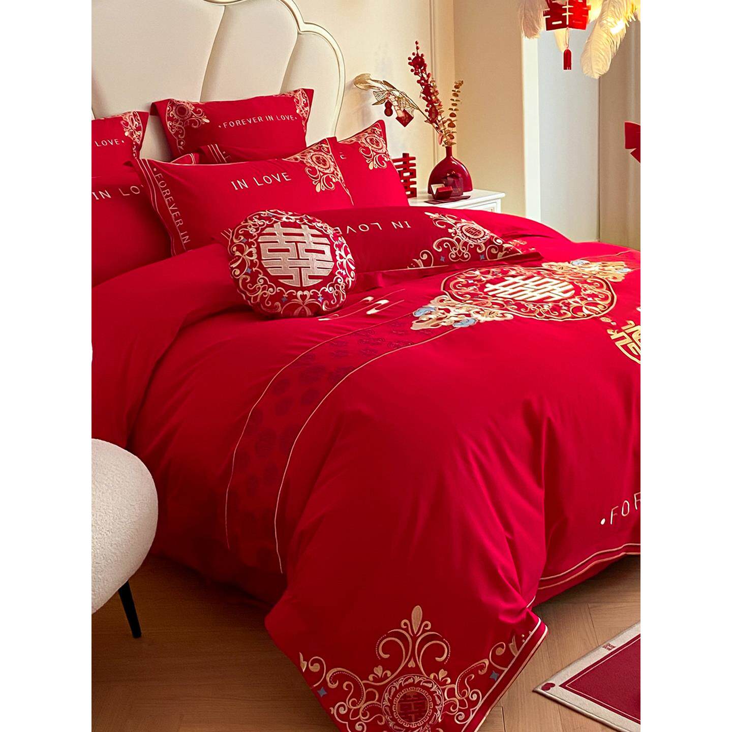 高档结婚床上四件套婚庆大红色被套新婚房喜被陪嫁被罩床单款床笠