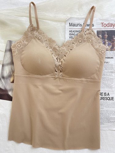 古妃秋冬磨毛V领蕾丝保暖带胸垫吊带无痕修身打底背心文胸女