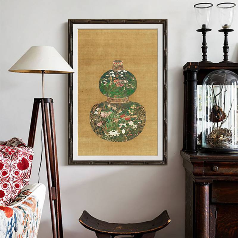 葫芦花瓶图法式复古中国风玄关装饰画新中式中古客厅书房玄关壁画图片