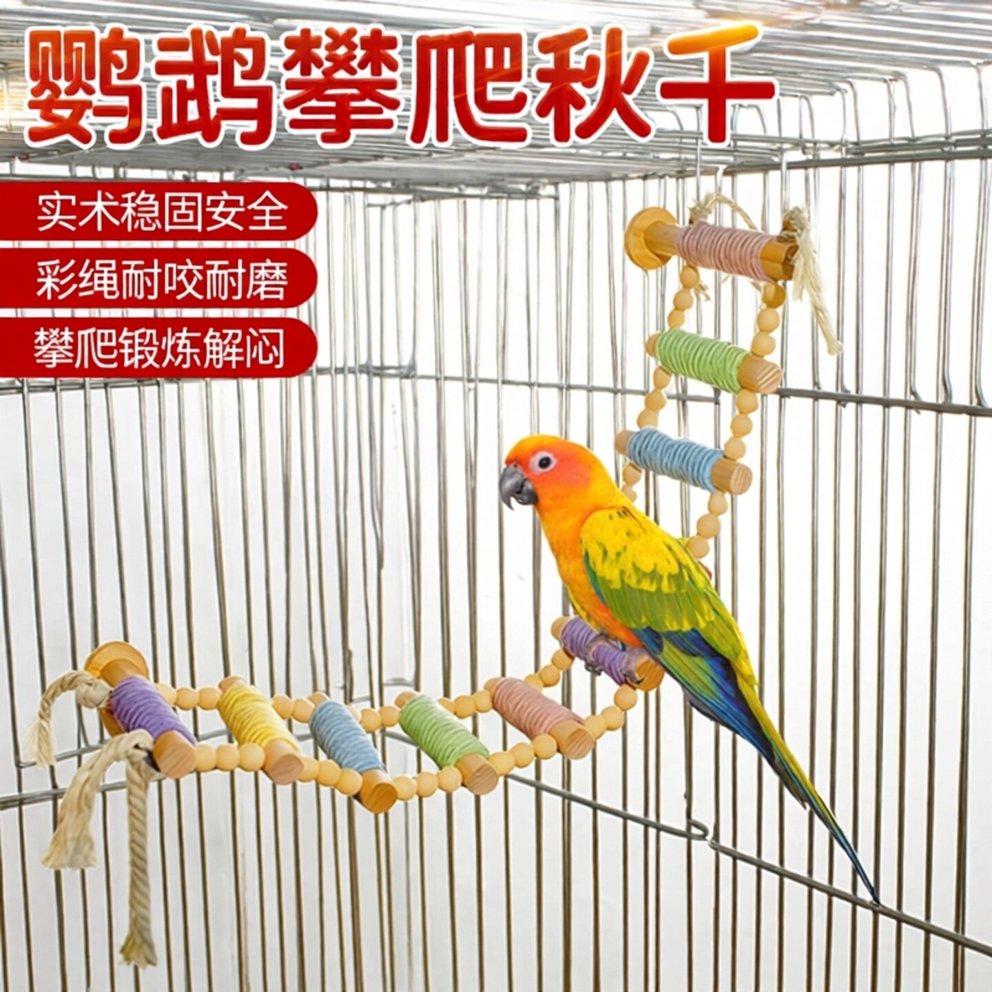 鹦鹉爬架爬梯实木彩绳攀爬秋千啃咬玩具站杆锻炼解闷玩具鸟笼装饰