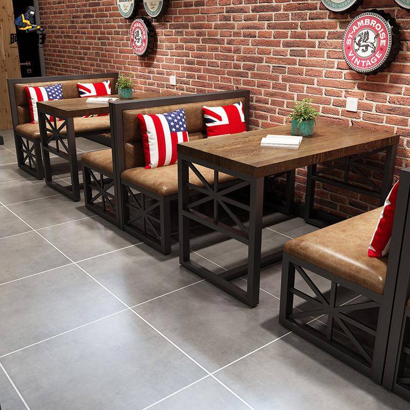 美式工业风实木铁艺餐桌loft个性复古卡座奶茶店烧烤餐厅桌椅组合