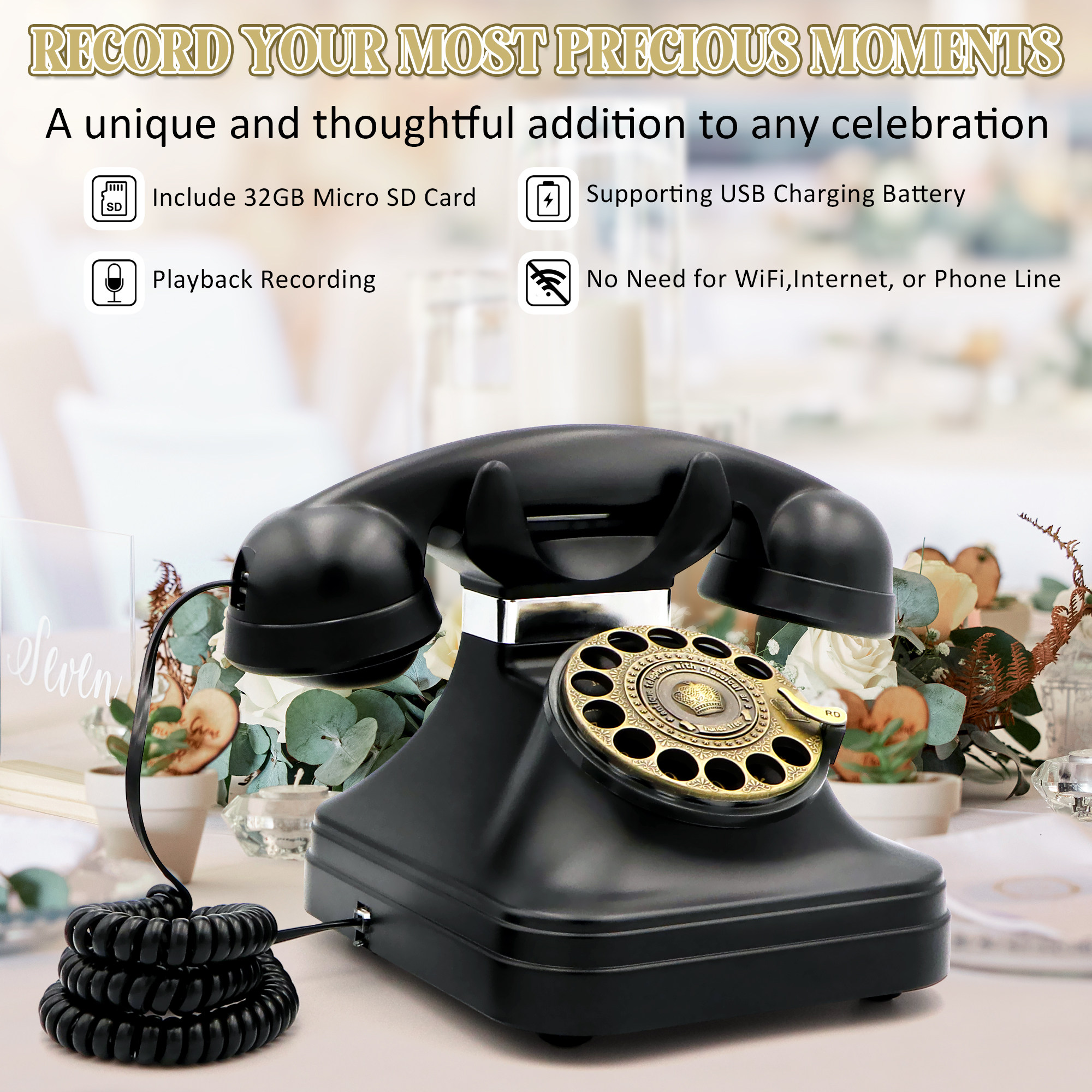 婚礼留言电话复古旋转拨盘音频留言簿宴会嘉宾语音祝福签到录音机