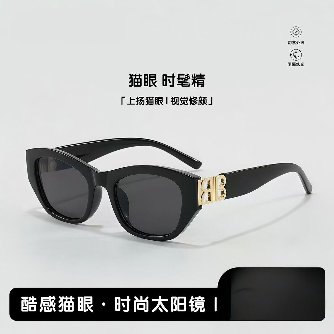 博莎新款双B欧美风猫眼太阳潮凹造型街拍高级感黑超墨镜女ins