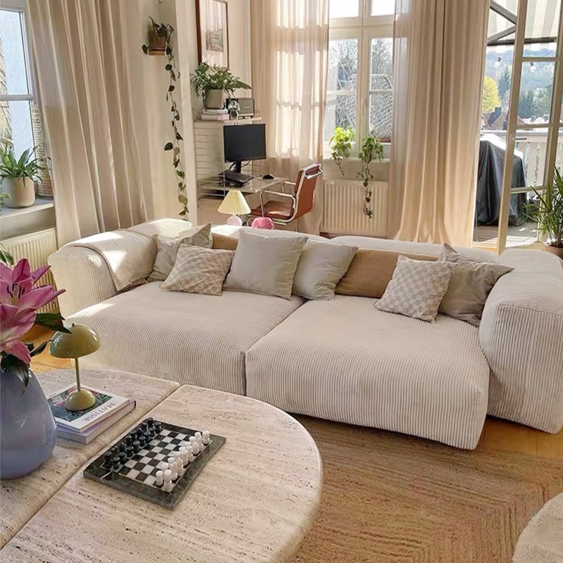 北欧侘寂风懒人沙发可躺可睡小户型客厅灯芯绒沙发豆腐块布艺沙发