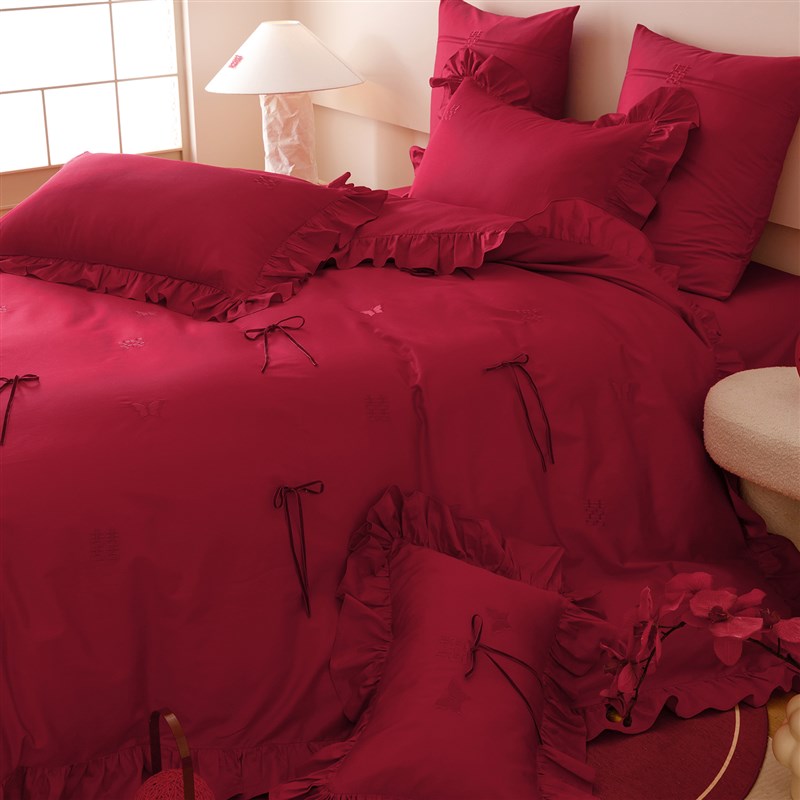 公主风蝴蝶结婚庆四件套100S长绒棉喜字被套红色纯棉结婚床上用品