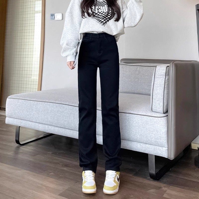 秋冬加绒保暖直筒牛仔裤女2023年新款修身显瘦百搭弹力窄版阔腿裤