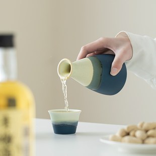 千里江山蓝绿渐变陶瓷酒具套装温酒器分酒器白酒杯黄酒六杯定logo