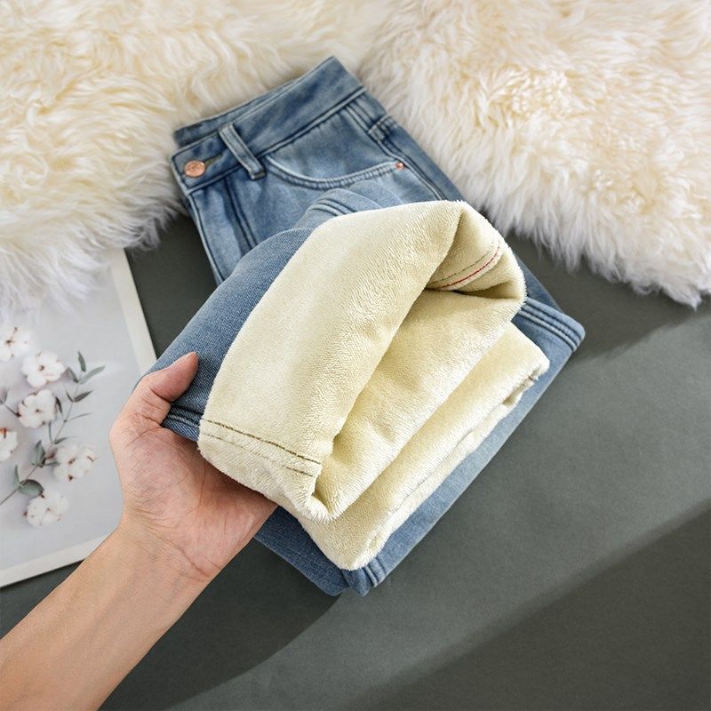 加绒窄版阔腿牛仔裤女秋冬2025年新款浅蓝色加厚高腰小个子直筒裤