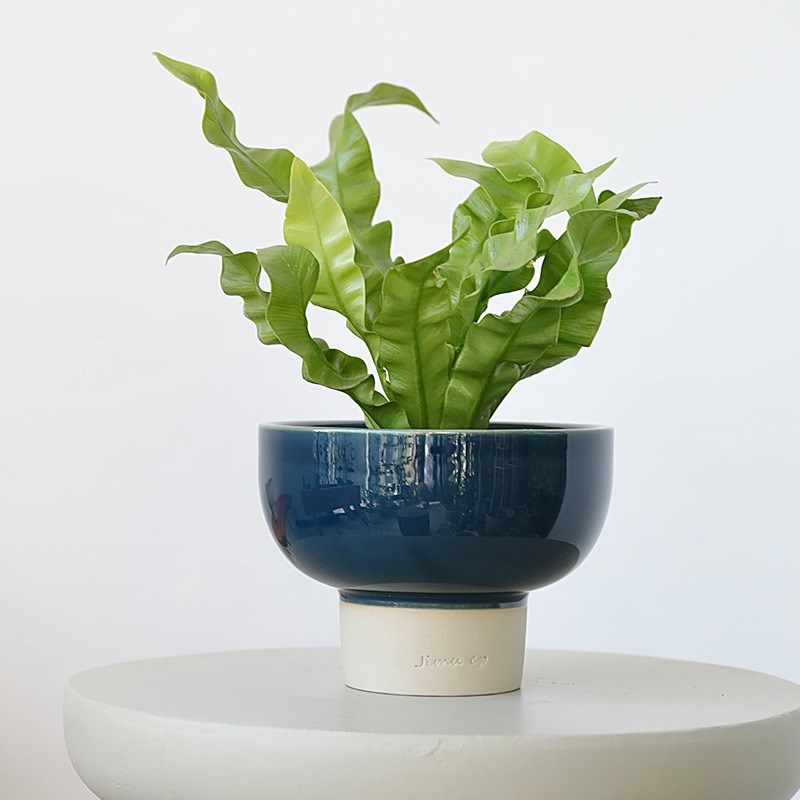 北欧简约陶瓷花盆高脚宝绿色块根植物绿植创意个性窑变釉蕨类盆器