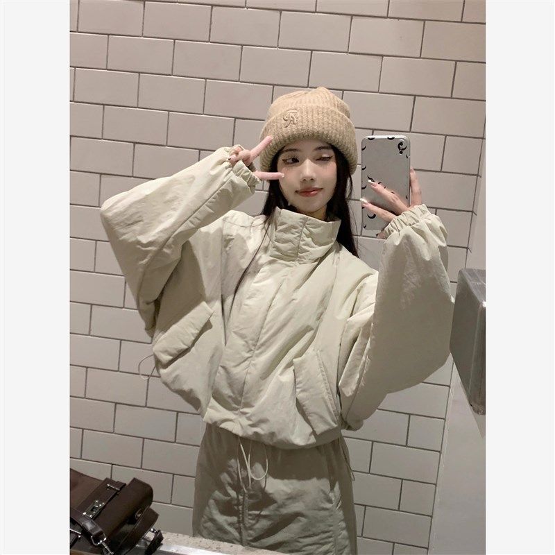 立领短款拉链棉衣棉服外套女秋冬季休闲套装夹棉半身长裙子两件套