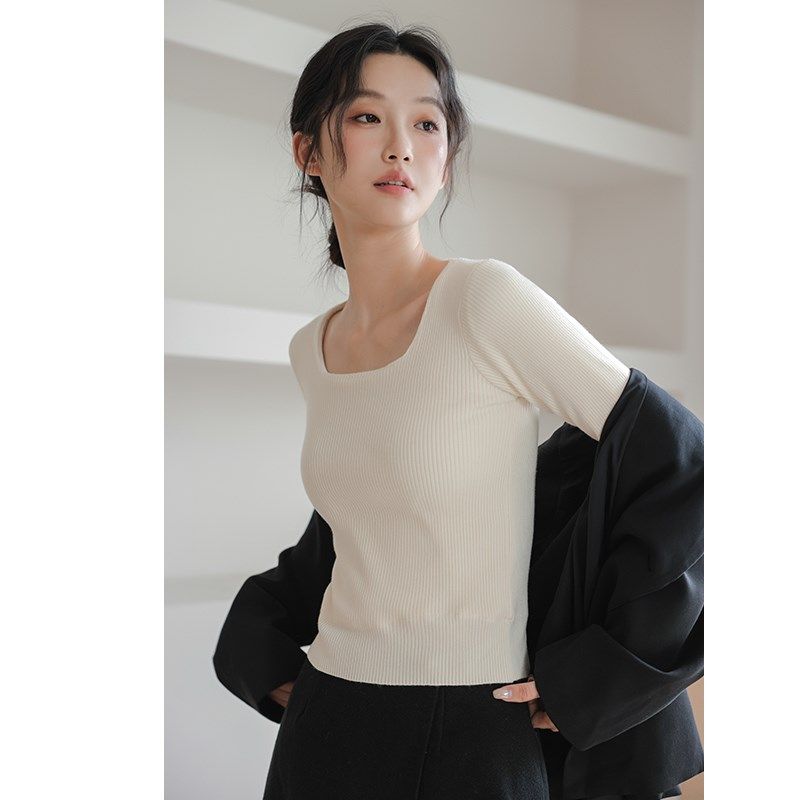加绒白色方领打底衫女2024秋冬内搭短款加厚针织毛衣低领修身上衣