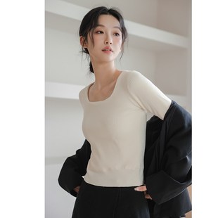 加绒白色方领打底衫女2024秋冬内搭短款加厚针织毛衣低领修身上衣
