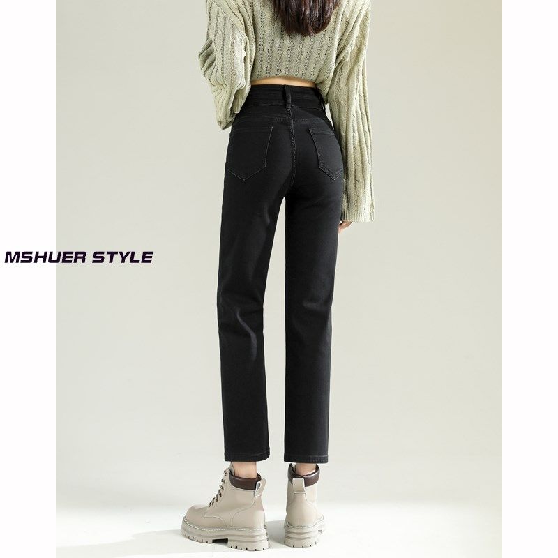 直筒牛仔裤女2023春秋新款冬加绒黑色高腰显瘦小个子九分烟管裤子