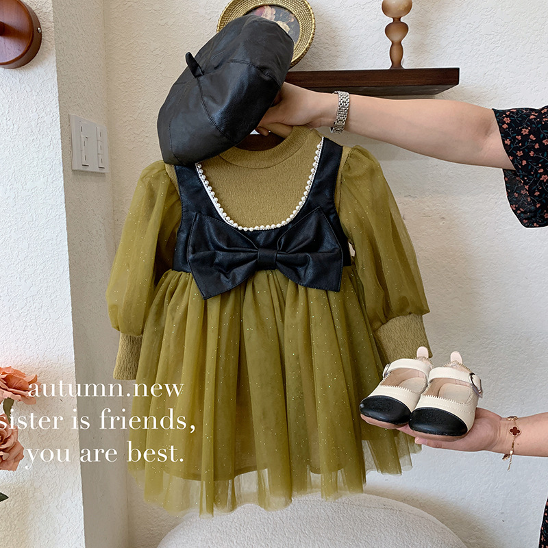 韩国童装女童春秋款儿童时髦高级感长袖礼服宝宝洋气网纱连衣裙子