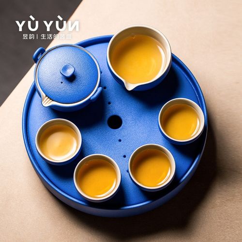 昱韵功夫茶具套装克莱因蓝客厅陶瓷日式简约小套茶壶茶杯礼盒装