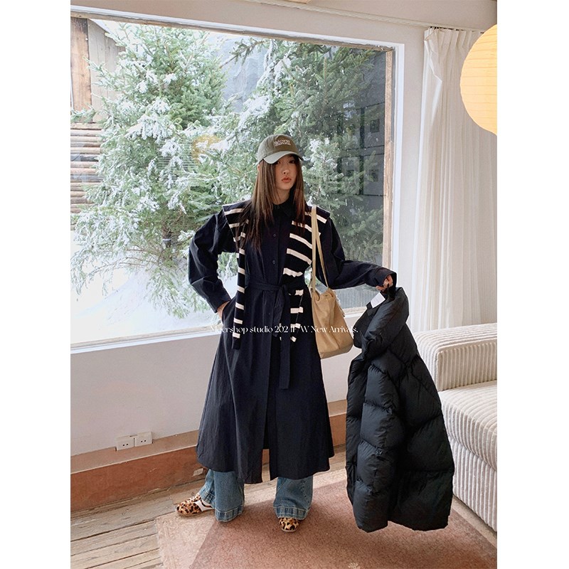 MOERSHOP 风格切换器 黑色锦纶风衣式衬衫连衣裙女冬季内搭长裙子