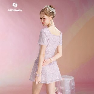 法式花边方领亮片连衣裙女夏晚宴聚会生日party成人礼日常小礼服