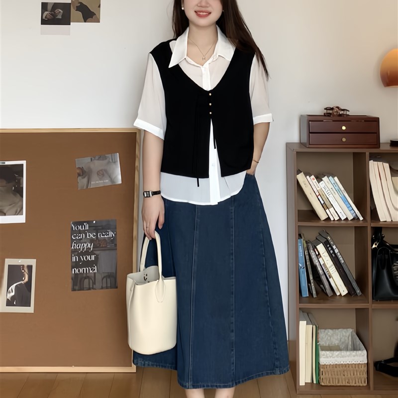 微胖的喵喵 大码夏季休闲百搭显瘦假两件拼接短袖衬衫上衣女 3140