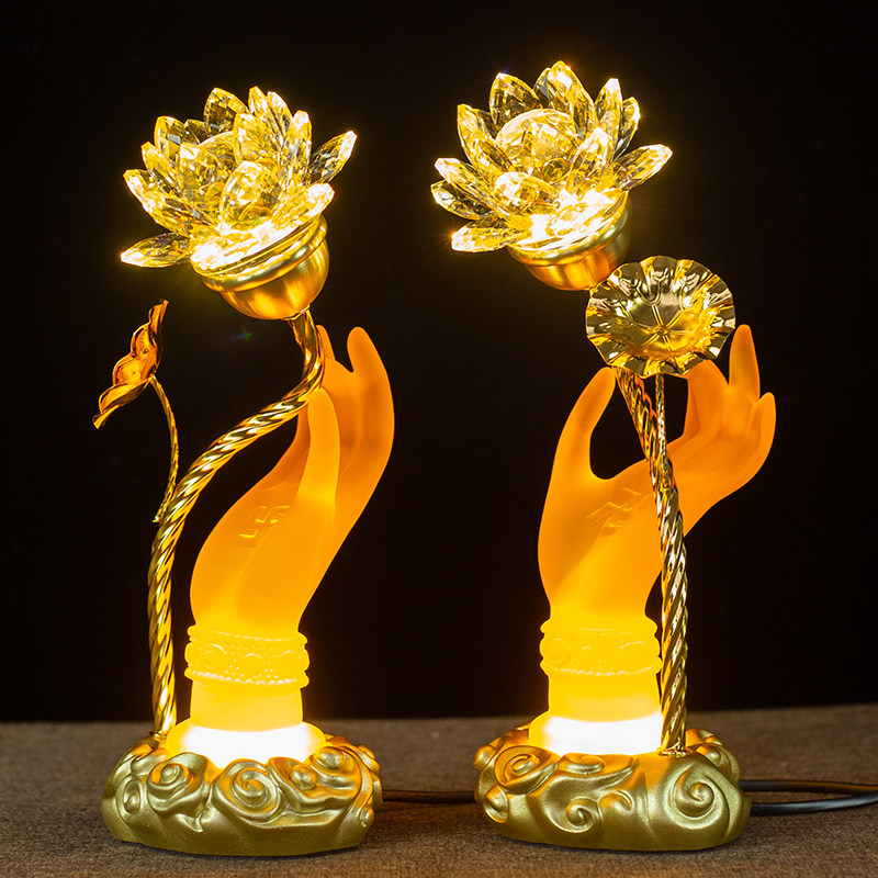 观音灯琉璃佛手灯佛前供灯七彩水晶莲花灯长明灯家用插电LED一对