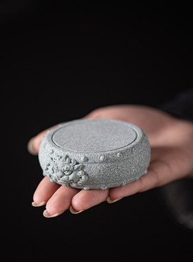 中式麒麟兽首石鼓盖置茶宠摆件垫底杯垫底座配件客厅桌面造景装饰