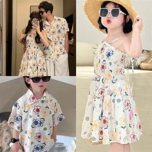 亲子装母子夏季衬衫2024新款夏天一家三口洋气母女海边度假沙滩裙