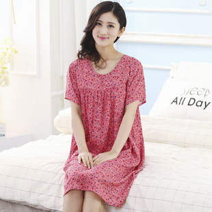 睡裙女纯棉薄款 宽松中老年睡衣女夏可外穿连衣裙子 绵绸家居服短袖