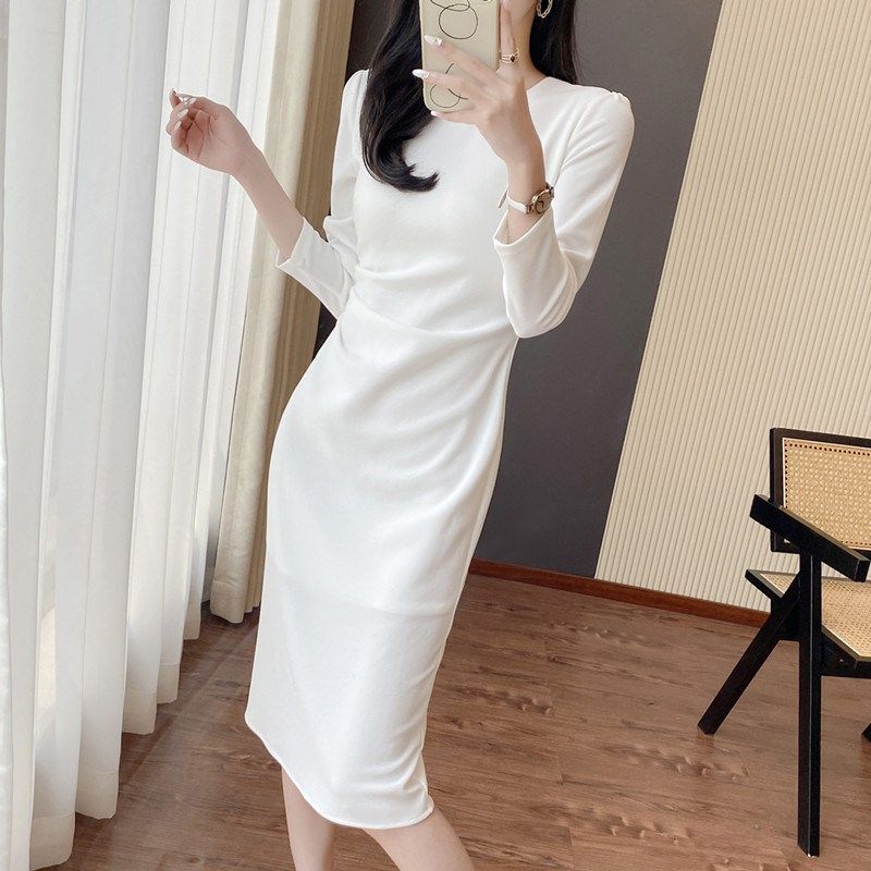 弹力包臀长袖白色连衣裙春秋中长款打底内搭裙小礼裙收腰修身裙子