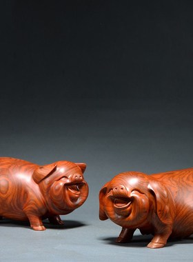 速发花梨木雕猪二件实木十摆生肖猪家居客厅工饰招财红木装艺品