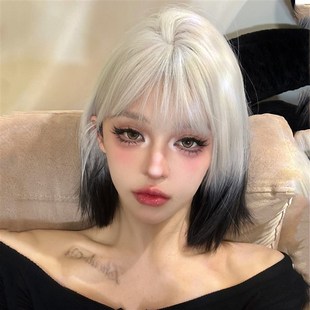 速发黑白渐变假发2024年新款时尚短头发全直套黑色染尾发短发发