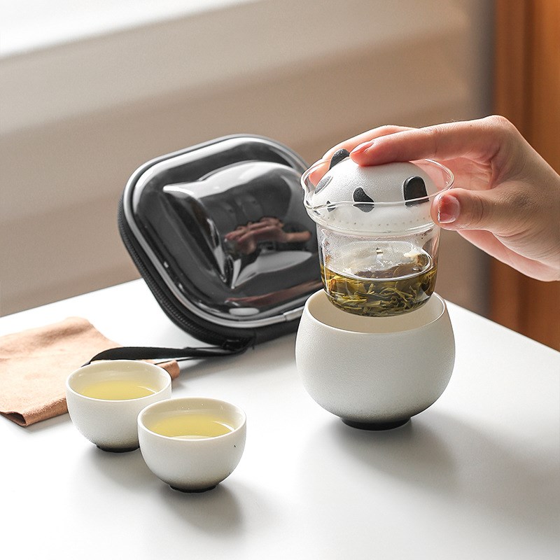 速发国潮客瓷旅行茶具熊猫快陶杯一壶茶杯便携装户外二具商务伴手
