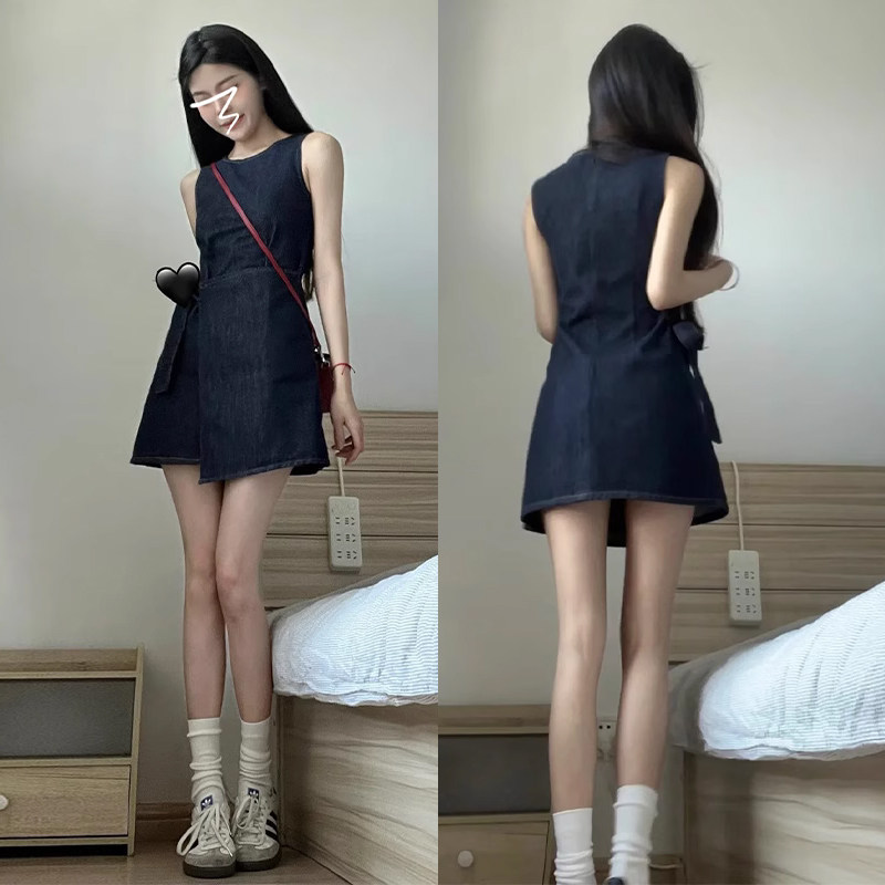 速发无袖牛仔背心连衣裙子夏季202新短款小个子茶歇法式收腰气质4