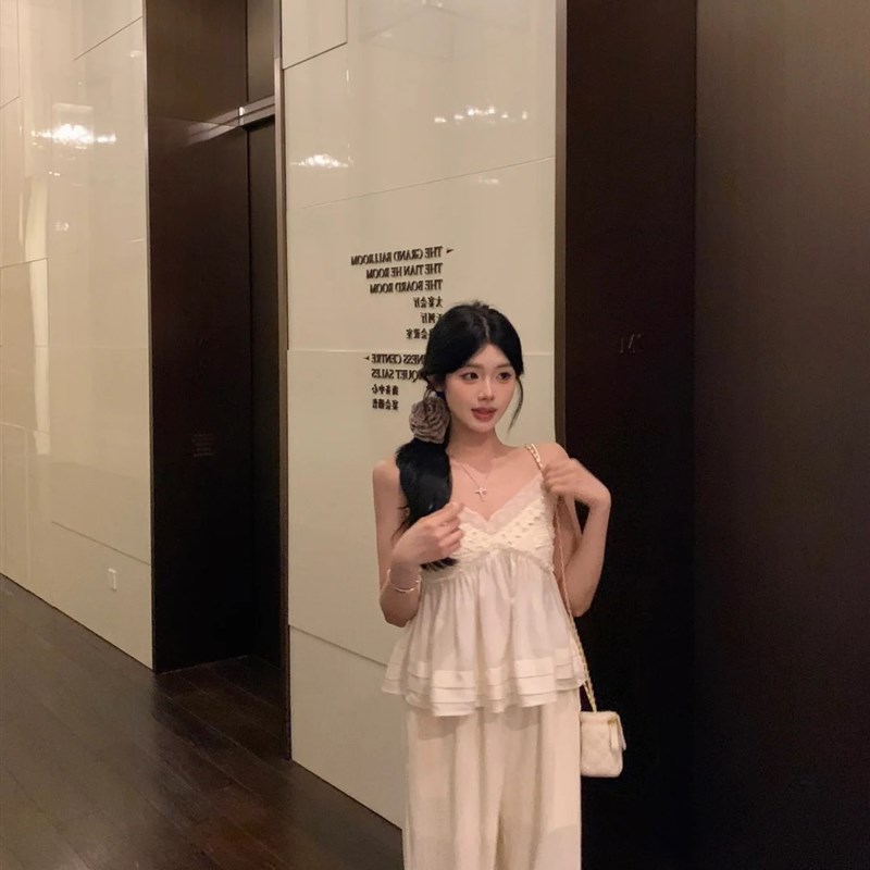 速发温柔套季装重工蕾丝刺绣吊带背心夏风高腰垂感拖地裤长裤两件