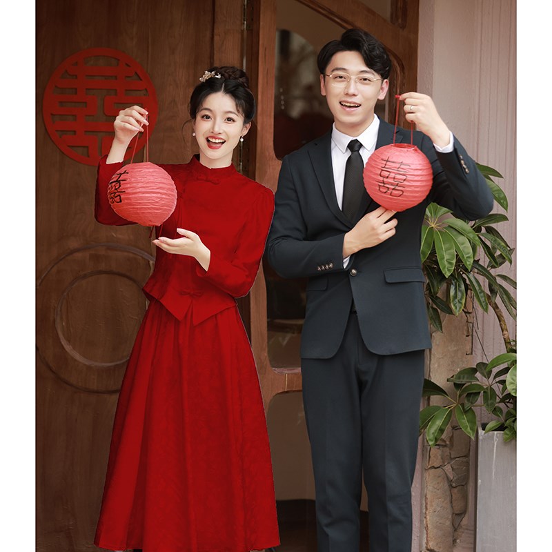 现货速发新中式敬酒服套装秀禾服红色小个子长袖结婚当天新娘婚服