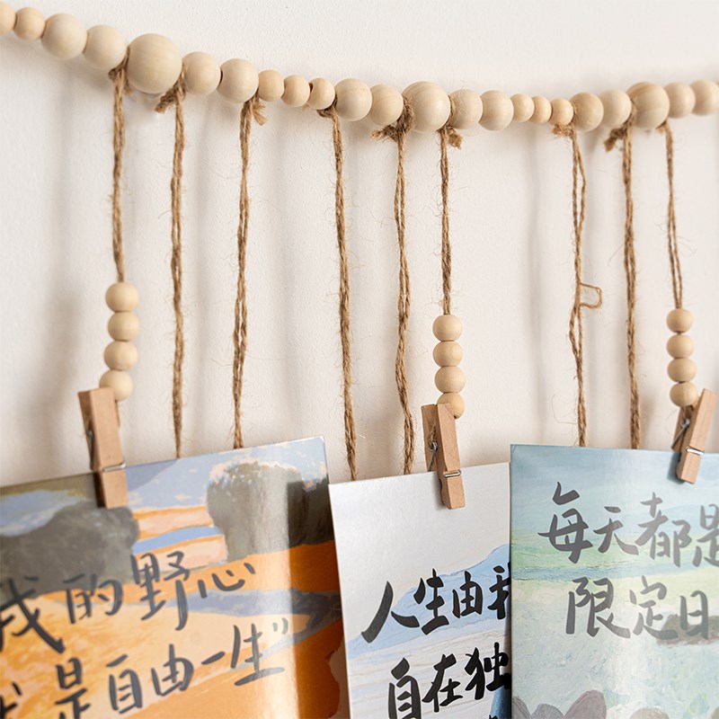 现货速发悬挂照片墙免打孔木珠麻绳夹子串相片墙面收纳展示创意家