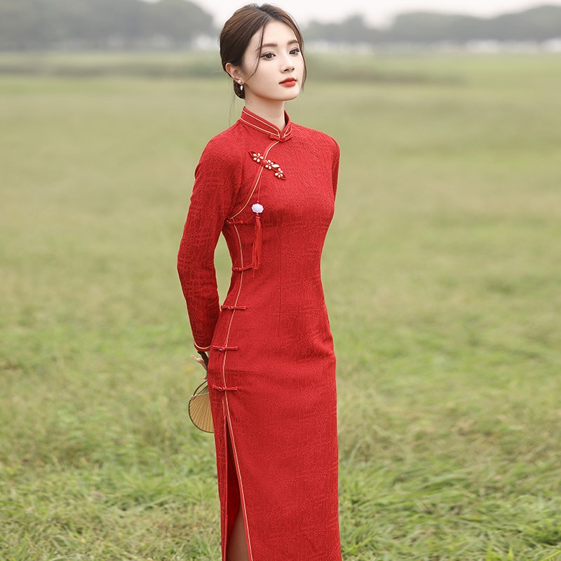 现货速发礼仪服装出嫁迎宾颁奖礼服外嫁回娘家大红色旗袍冬季加绒