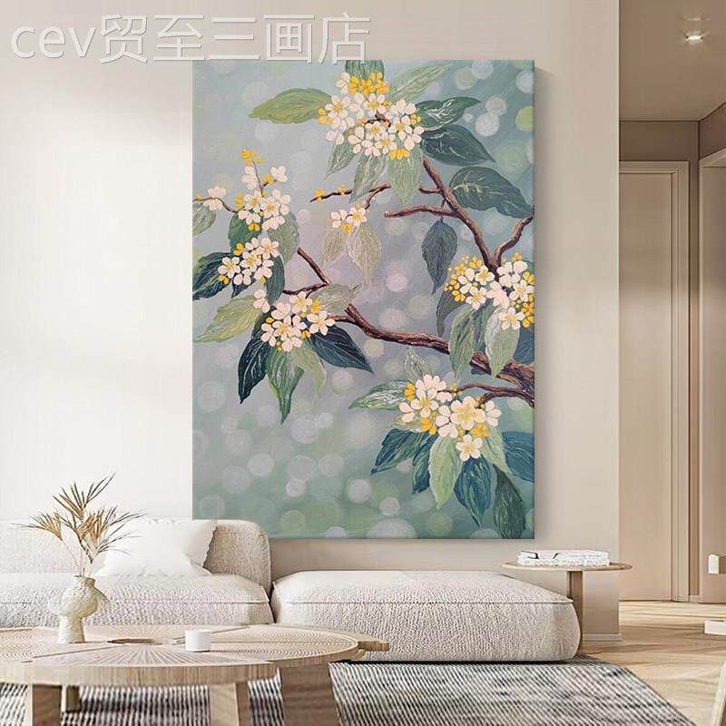 网红奶油风桂花枝头纯手油画客绘厅餐饰厅装画树叶艺玄关肌理挂术
