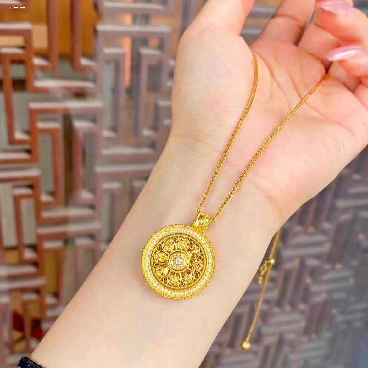 爆款古法沙金镶钻转动八宝罗盘吊坠镂空罗盘毛衣链女项链配件