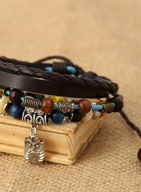 欧美新款饰品简约串珠多层皮革手