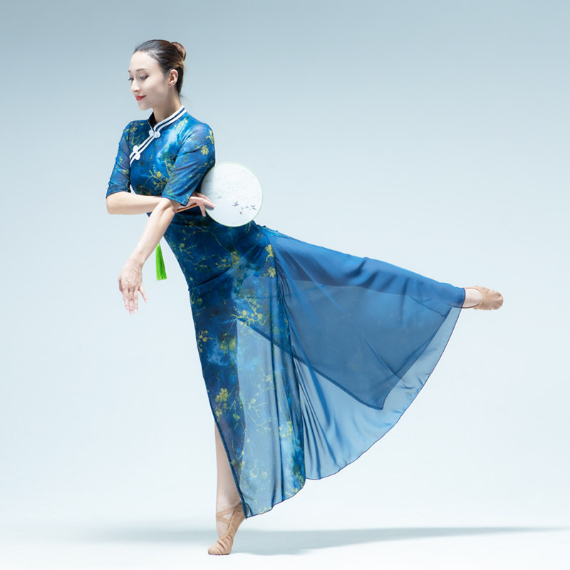 速发渔光纱弹力古典舞蹈旗袍网纱表演跳舞练功服曲衣开皮肚叉舞演