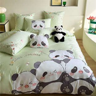 速发可爱风熊猫刺绣寝具单双人多件长床品纯棉套绒棉三四件套家纺