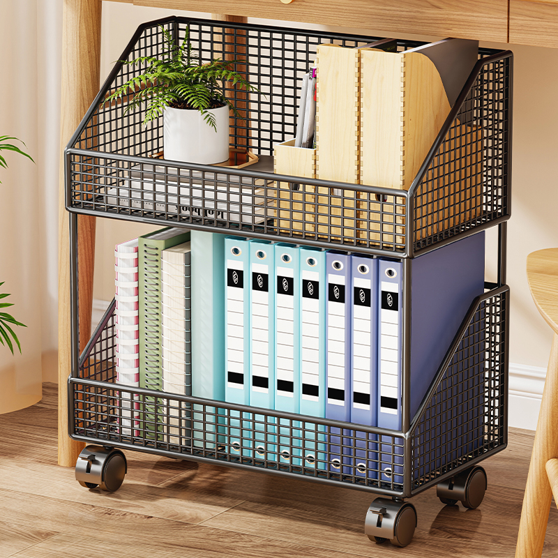 速发办公室文件置物架桌下小书架双层可面动带轮收推车桌移小纳柜