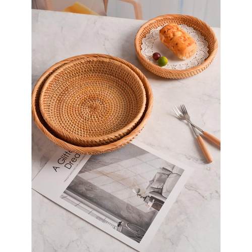 越南手工藤编水果篮收纳筐竹编托盘客厅家用馒头筐圆形简约水果盘