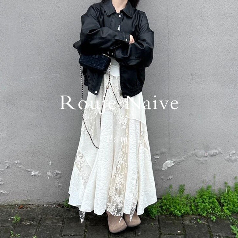 Rouje Naive白色半身裙长款秋重工网纱刺绣拼接蕾丝不规则蛋糕裙